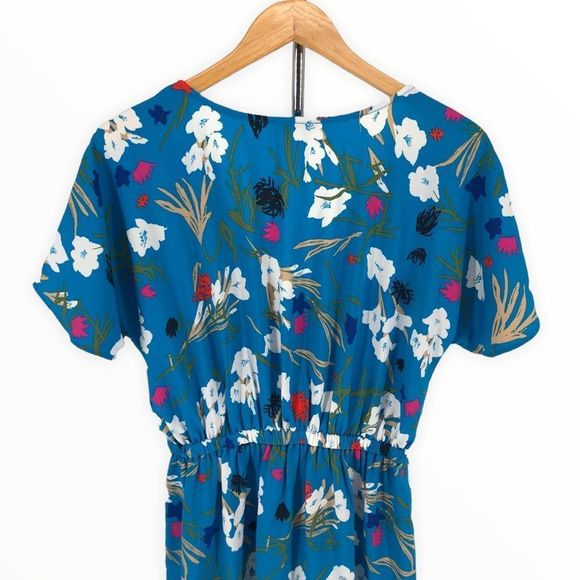 J Crew Mercantile Blue Floral Short Ruffle Sleeve. Faux Wrap Surplice Midi Dress - Picture 7 of 11